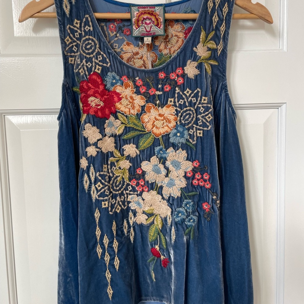 NWT Johnnie Was Josephine Velvet Swing Embroidered Tank Top Small Blue Silk Boho
